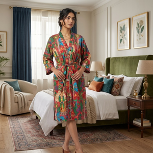 Robe Kimono en Coton Imprimé Artistique à Manches Longues avec Ceinture, Peignoir Léger pour la Détente, Robe de Chambre en Coton pour Spa - Product Image 3