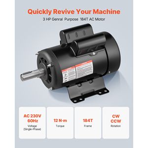 Moteur de compresseur d'air électrique 3 HP 1725 tr/min 110V Rotation CW/CCW Diamètre de l'arbre 1,125 po Longueur de l'arbre 2,75 po Couple 12 N.m - Product Image 2