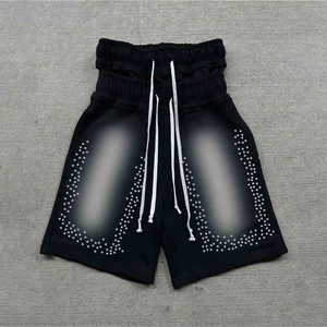 Manufacturer Custom Print Rhinestone Crystal 100% Cotton Solid <b>Denim</b> Jorts Distressed Baggy Vintage Double Waist High Street - Product Image 1