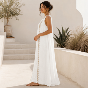 Robe longue bohème ivoire pour femme, col rond, sans manches, unie, tissée, légère et fluide, tenue décontractée pour l'été, la plage, les vacances et les stations balnéaires - Product Image 3