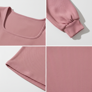 Haut de voyage côtelé à col carré et manches bouffantes, en maille ajustée à manches longues, confortable et léger, avec poignets côtelés, personnalisable OEM, vente en gros, fabrication - Product Image 5