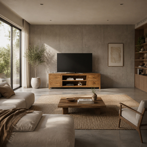 Meuble TV scandinave en teck massif Niwara, console de divertissement haut de gamme avec 4 tiroirs et 2 étagères pour salon - Product Image 4