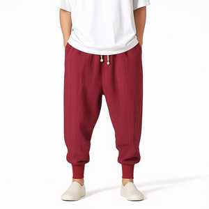 Men's Red <b>Harem</b> Pants Elastic Waist Drawstring Casual Straight Knitted 100% Cotton <b>Trousers</b> Winter Midweight Breathable Style - Product Image 1