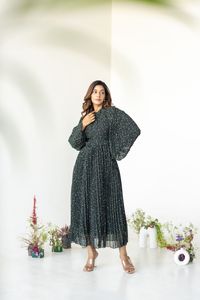 Vestido Maxi con Estampado Floral, Cuello Alto, Manga Larga, Corte en A, Chifón, Casual, Holgado, Transpirable, con Dobladillo Plisado, Cómodo para Primavera - Product Image 2