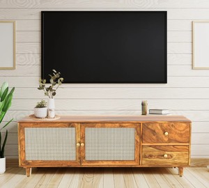 Mid-Century Modern Solid Wood <b>TV</b> Unit with Rattan Doors | Boho Media Console | Jodhpur Export - Product Image 1