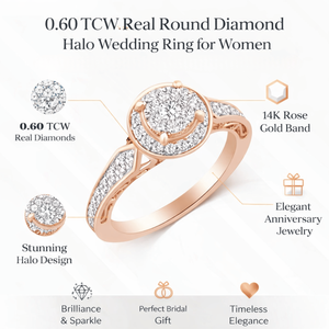 แหวนแต่งงานเพชรแท้ทรงกลม 0.60 กะรัต ประดับเพชรรอบวง สำหรับผู้หญิง ทองคำขาว 14K |   แหวนของขวัญเครื่องประดับวันครบรอบการหมั้นสำหรับเจ้าสาวที่สง่างาม - Product Image 6