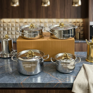 Handcrafted Hammered Metal Pot <b>Set</b> Elegant Silver Polished Casserole with Pumpkin Gold Knobs Luxury Kitchen <b>Cookware</b> food Safe - Product Image 2