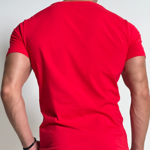 T-shirt pour homme, rouge, coupe ajustée, manches courtes, col rond, avec impression de logo sur le devant, jersey décontracté en coton respirant - Product Image 2