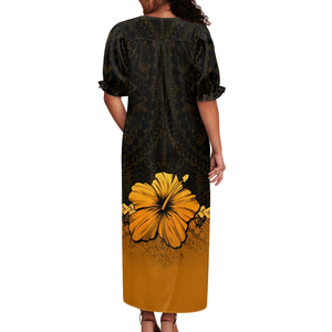 Vestidos Midi con Mangas Abullonadas Mumu de Micronesia, Diseño Personalizado, Estampado Floral Hawaiano, Vestido Muumuu Micronésico, Ropa de Talla Grande para Mujer - Product Image 6
