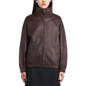 Blouson aviateur en cuir d'agneau marron foncé surdimensionné pour femme, col montant, manches longues, tissu tissé, saison automne - Product Image 2