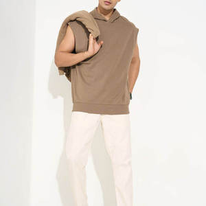 Men's Solid Color Hooded Vest Pullover Winter <b>Workout</b> <b>Hoodie</b> with Loose Sleeveless 100% Cotton Breathable Casual - Product Image 3