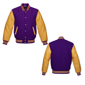 Custom Men Varsity <b>Jacket</b> Plain Purple Wool Body And Golden <b>Leather</b> Sleeves – Zip-Up Letterman <b>Jacket</b> - Product Image 1