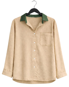 Women Beige Shirt And Dark Green Wide Leg <b>Pants</b> Two Piece Set Casual Linen Summer Outfit Custom OEM Clothing Manufacturer - Product Image 1