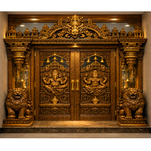 Porte de Mandir traditionnelle avec gravure de mantra Lotus Jaali, porte d'entrée de temple, porte de Pooja en teck sculpté du Dieu Ganesha - Product Image 4
