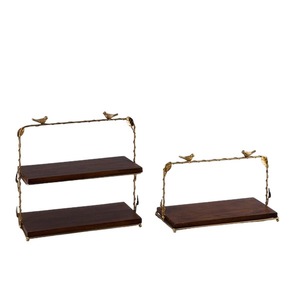 Support à gâteau en métal fait main en forme de cage à oiseaux, 2 niveaux, finition dorée avec étagères en bois, présentoir décoratif - Product Image 3