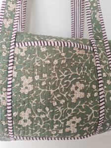 Green Striped <b>Quilted</b> Cotton Travel Bag Zipper Closure <b>Double</b> Handles Lightweight Portable Design Unisex Style 20-35L Capacity - Product Image 5