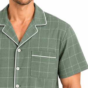 Ensemble de pyjama en rayonne à carreaux pour homme, manches courtes, boutonné, tenue de nuit et de détente, toutes saisons, avec short assorti, vert - Product Image 5