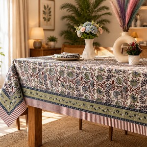 Modern Indian Block Print Floral Cotton Eco-Friendly Reusable Durable Washable Customizable <b>Square</b> <b>Tablecloth</b> Weddings - Product Image 1