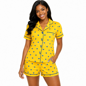 Ensemble de pyjama à manches courtes imprimé cœur jaune HMR Sisterhood Sorority, 2 pièces, vêtements de nuit décontractés - Product Image 1
