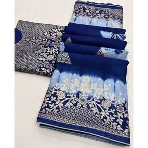 DISEÑADOR VISCOSA SEDA JACQUARD TEJIDO TRABAJO SAREE CON BLUSA DESCOSADA AZUL - Product Image 2