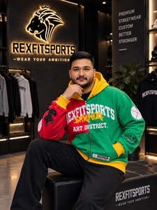 เสื้อฮู้ดสตรีทแวร์ผู้ชาย REXFITSPORTS 2026 แบบซิป สีบล็อก แดง เขียว เหลือง พิมพ์ลายกราฟิก ผ้าฟลีซสั่งทำพิเศษ - Product Image 4