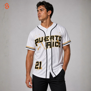 Puerto Rico Baseball Jersey Men Short Sleeve White Black <b>Gold</b> Sublimated Print <b>Button</b> Front Regular Fit All Seasons - Product Image 1