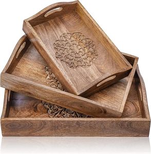 Style de design élégant, design artisanal avec motif floral sculpté au centre, surface en bois polie et lisse, lot de 3 - Product Image 4