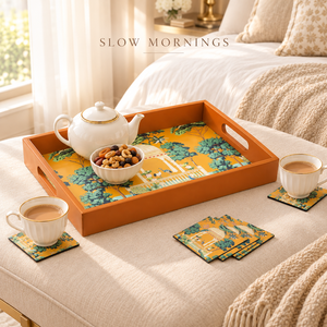 ถาดเสิร์ฟไม้เคลือบลายพืชสมัยใหม่ทำมือ พร้อมจานรองแก้ว 4 ใบ |   ของตกแต่งบ้านสำหรับโต๊ะอาหารในครัวที่มีลักษณะศิลปะ - Product Image 2