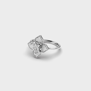 Bague de fiançailles en or blanc avec diamant rond taille brillant, sertissage pavé, forme fleur, bijoux fins classiques pour femme - Product Image 2