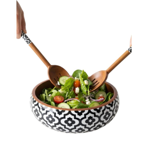 Ensemble de saladier et de service en bois de manguier artisanal, grand saladier en bois rayé rose pour fruits, pâtes et salades - Product Image 4