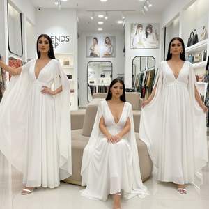 Elegant White Chiffon Maxi <b>Dress</b> with Cape Sleeves - Deep V-Neck Empire Waist Evening Gown <b>for</b> <b>Parties</b> and Weddings - Product Image 6