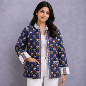 Chaqueta de Algodón Acolchada con Estampado Floral para Mujer, Ligera, con Estampado de Bloques, Frente Abierto, Estilo Casual Boho, Fabricante Mayorista OEM ODM - Product Image 1