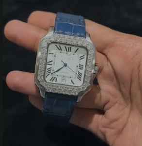 Reloj Bazel personalizado para hombre, estilo hip hop con moissanita, correa de cuero azul - Product Image 2