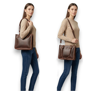 Women Genuine Leather Crossbody Tote Bag, Brown Shoulder <b>Handbag</b> with Top Handle, Lightweight Zipper Satchel - Product Image 2