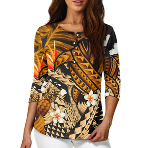 Chemises décontractées d'été boutonnées pour femmes en gros, T-shirts personnalisés à imprimé vintage polynésien, chemises à manches sept-quarts par sublimation - Product Image 6