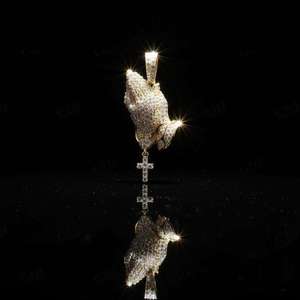 Iced Out 10K 14K Gold Statement Jewelry Moissanite Praying Hands <b>Cross</b> Pendant Hip Hop Custom <b>Charm</b> Available in Silver Gold - Product Image 5