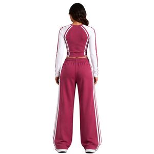 <b>Rose</b> Pink And White Women Long Sleeve Crop <b>Top</b> Wide Leg Pants Activewear Set Sportswear Two Piece Tracksuit Casual Athletic - Product Image 2