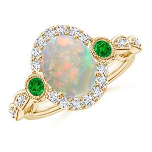 14K Solid <b>Gold</b> Vintage Oval <b>Opal</b> and Diamond Halo <b>Ring</b> with Bezel Emerald Handmade Customized Fine Jewelry Wedding Engagement - Product Image 1