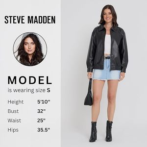 Women's Black PU Leather Bomber Jacket With <b>Zipper</b> Closure Turn Down Collar Full Sleeve Autumn Style - Product Image 4