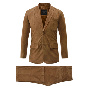 Traje de Dos Piezas de Gamuza Marrón para Hombre, Estilo Leath Cult, Blazer de Solapa con Muescas y Cierre de un Solo Botón - Product Image 1