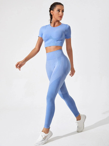 Wholesale Women <b>Yoga</b> <b>Sets</b> 2 Piece Workout Outfit Short Sleeve Crop Top & High Waist Pants Fitness Gym Sportswear Activewear <b>Set</b> - Product Image 3