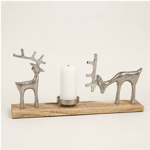 Candelabro de reno hecho a mano en aluminio plateado con base de madera de mango natural, centro de mesa navideño de lujo y festivo. - Product Image 4