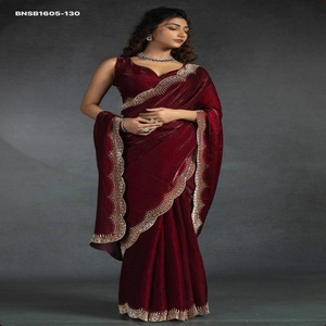 Sari de seda satinada de primera calidad con trabajo Chatni y borde con trabajo manual de Jharkand - Blusa para mujer - Exportador de moda femenina - Product Image 1