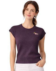 Pull sans manches en tricot violet pour femme, col rond, léger, décontracté, gilet d'été, broderie florale, haut élégant et tendance - Product Image 1