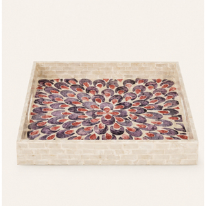Plateau de service décoratif de luxe artisanal moderne avec incrustation de nacre, mosaïque géométrique violette, vaisselle de table - Product Image 1