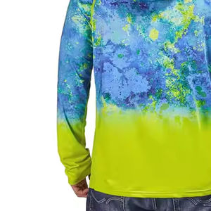 Chemise de performance à manches longues à capuche pour homme, imprimée par sublimation, séchage rapide, bleu vert tie-dye, tenue décontractée d'été - Product Image 6