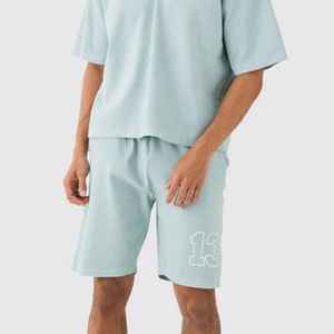 Conjunto de camiseta y pantalones cortos de algodón para hombre, color azul claro, cuello en V, transpirable, informal, para verano, de color sólido, tejido, de dos piezas. - Product Image 5