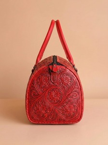 Red Embossed Leather <b>Duffel</b> <b>Bag</b> Floral Pattern Zipper Handled Travel Weekender Purse for Daily Use Durable Waterproof Polyester - Product Image 2