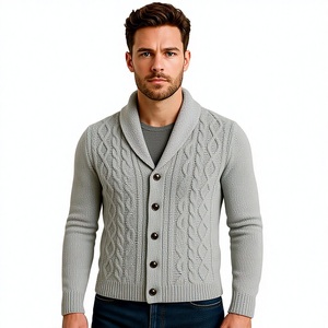 Cardigan en maille torsadée géométrique pour homme, col châle, boutonné, coupe ajustée, pull décontracté chaud d'hiver, gris, tricot côtelé, veste, pull - Product Image 1