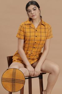 Conjunto de camisa y pantalones cortos a cuadros para mujer, con cierre de botones, algodón transpirable, corte casual regular, cintura media - Product Image 4